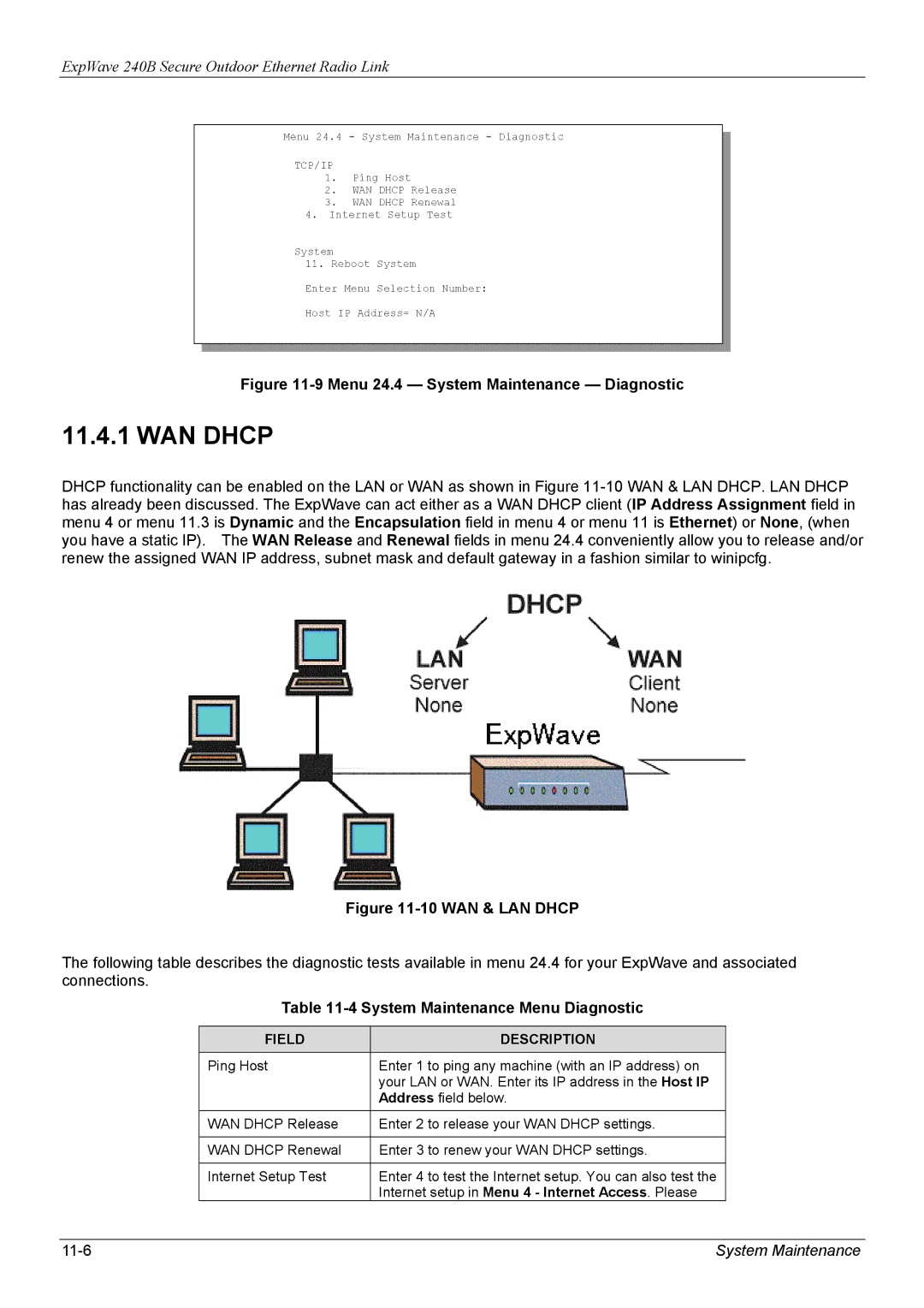 ZyXEL Communications 240B manual WAN Dhcp, System Maintenance Menu Diagnostic 