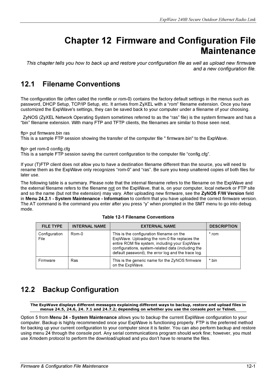 ZyXEL Communications 240B manual Filename Conventions, Backup Configuration, Firmware & Configuration File Maintenance 12-1 