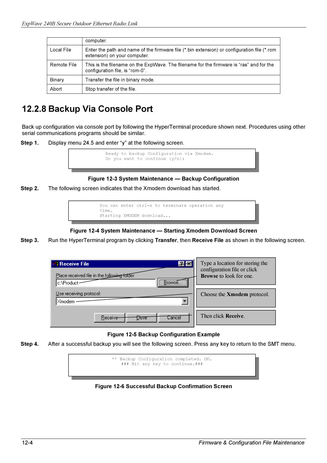 ZyXEL Communications 240B manual Backup Via Console Port, System Maintenance Backup Configuration 