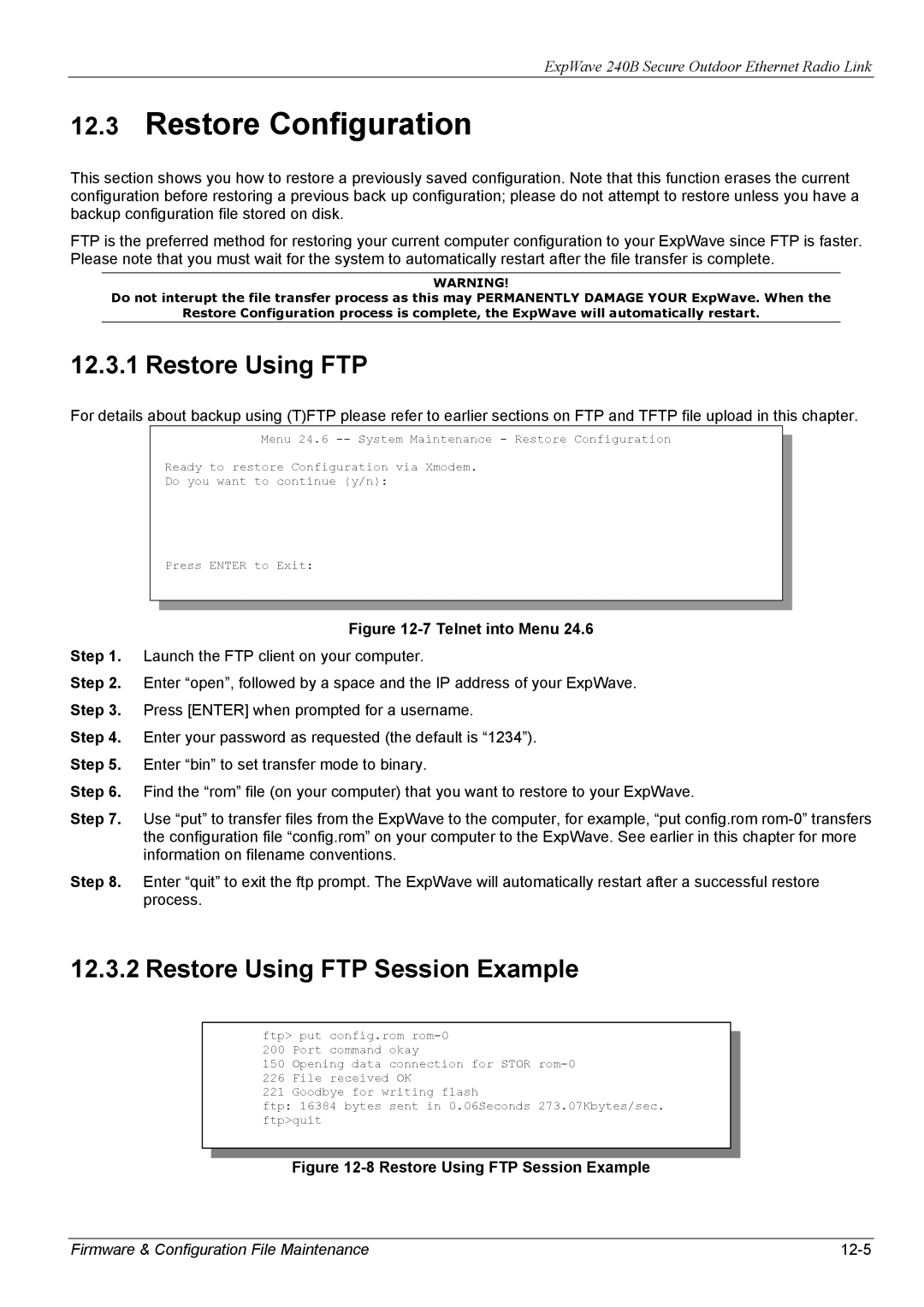 ZyXEL Communications 240B manual Restore Configuration, Restore Using FTP Session Example 