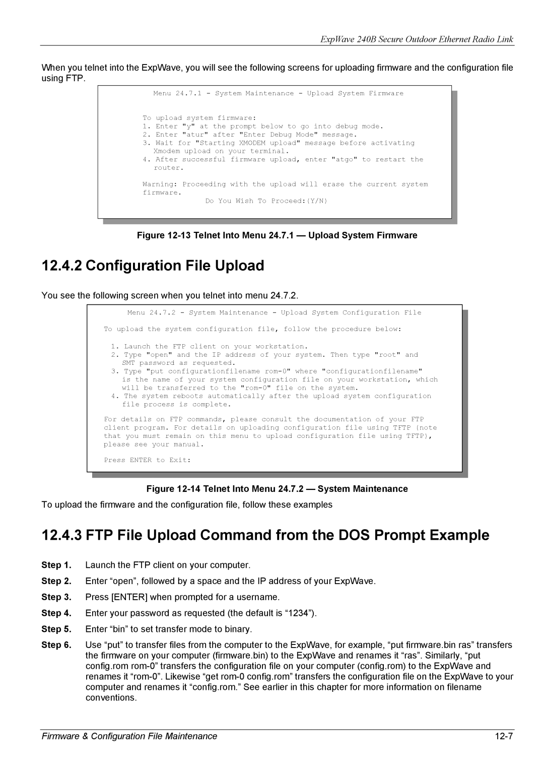 ZyXEL Communications 240B manual Configuration File Upload, FTP File Upload Command from the DOS Prompt Example 