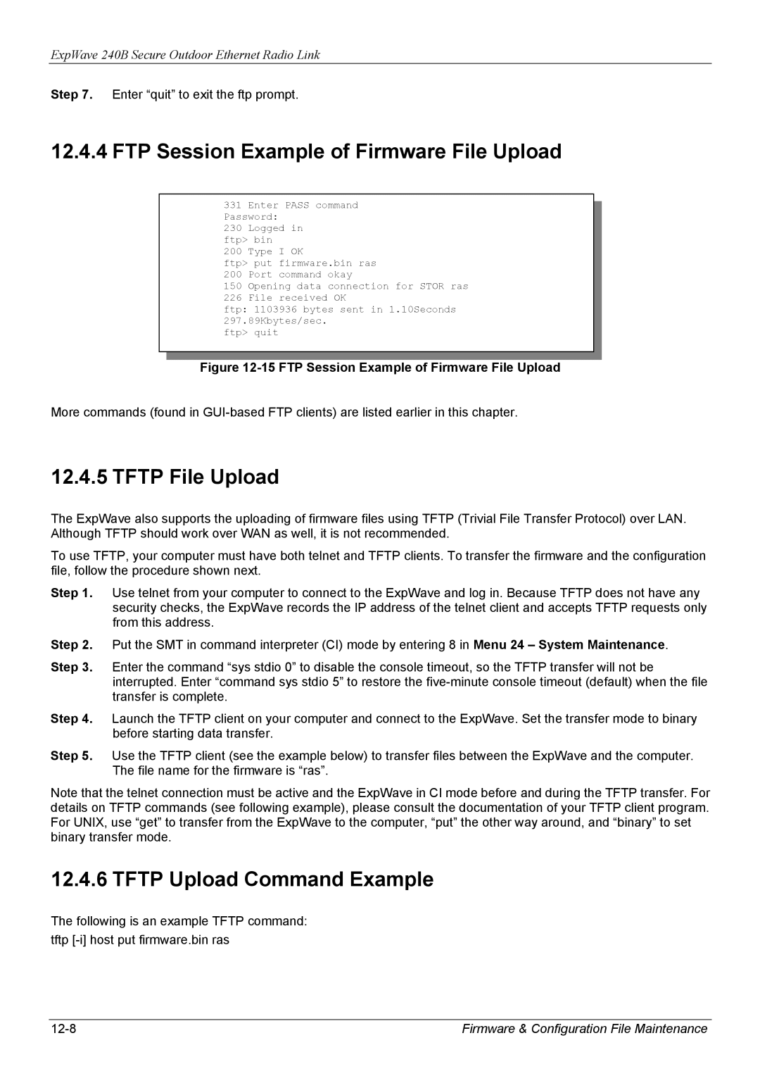 ZyXEL Communications 240B manual FTP Session Example of Firmware File Upload, Tftp File Upload, Tftp Upload Command Example 