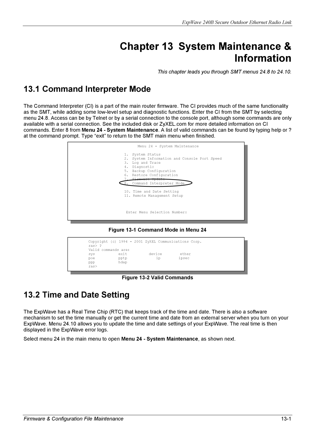 ZyXEL Communications 240B manual System Maintenance Information, Command Interpreter Mode, Time and Date Setting 