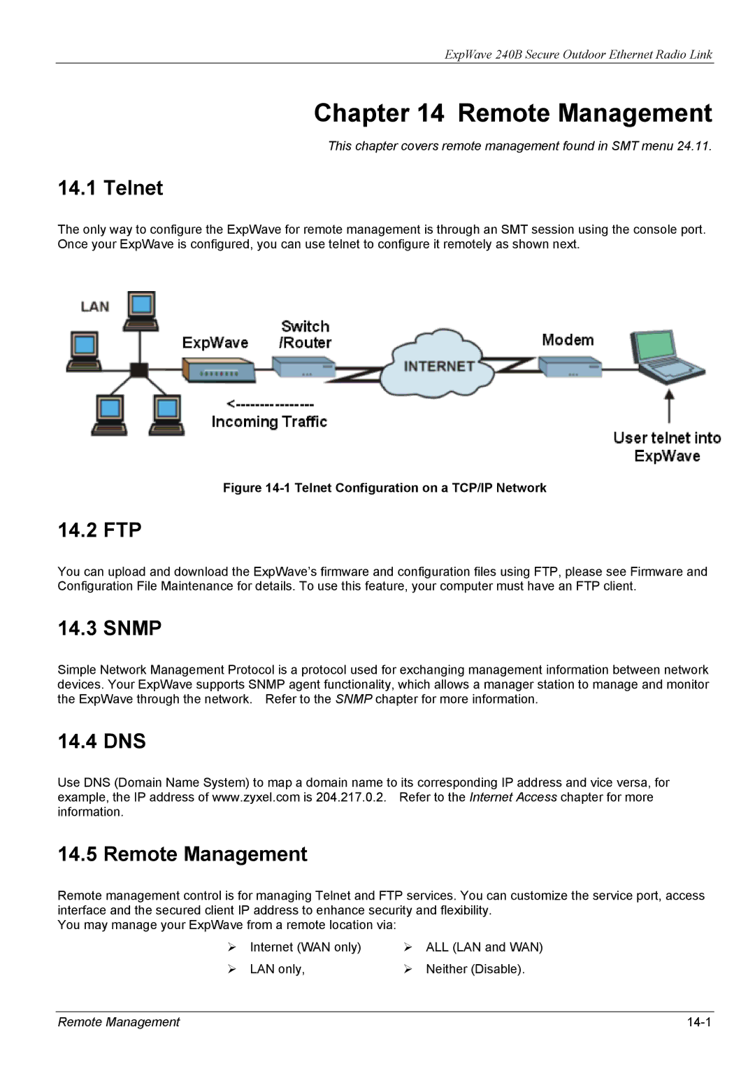 ZyXEL Communications 240B manual Telnet, 14.2 FTP, Snmp, DNS Remote Management 