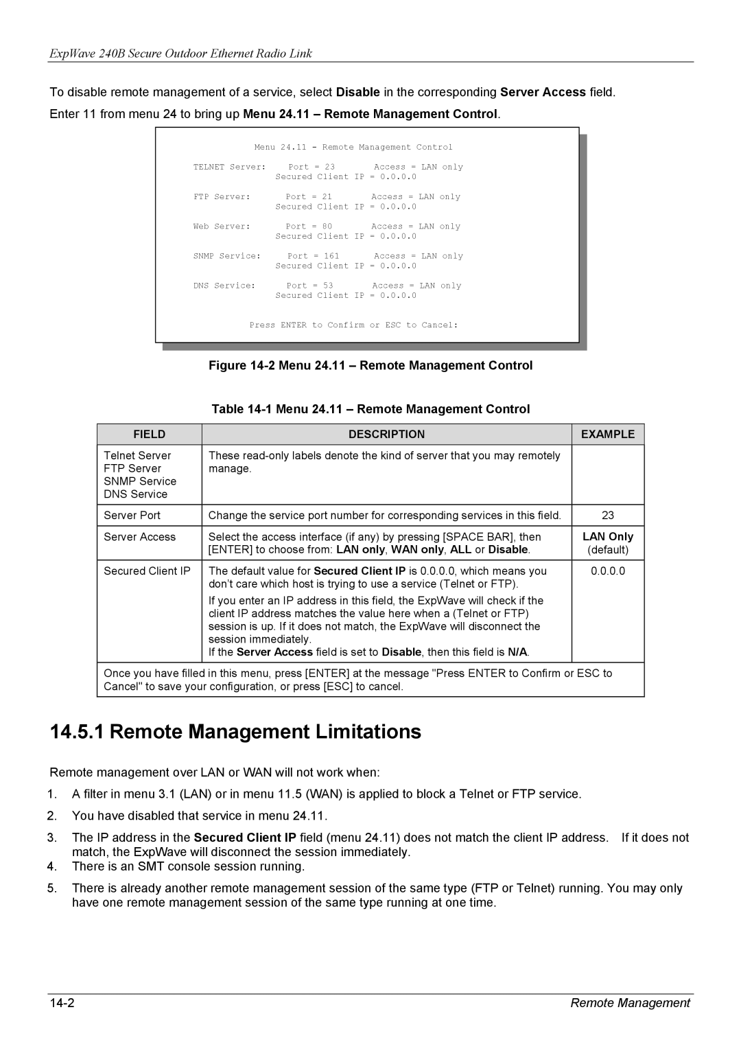 ZyXEL Communications 240B manual Remote Management Limitations, LAN Only 