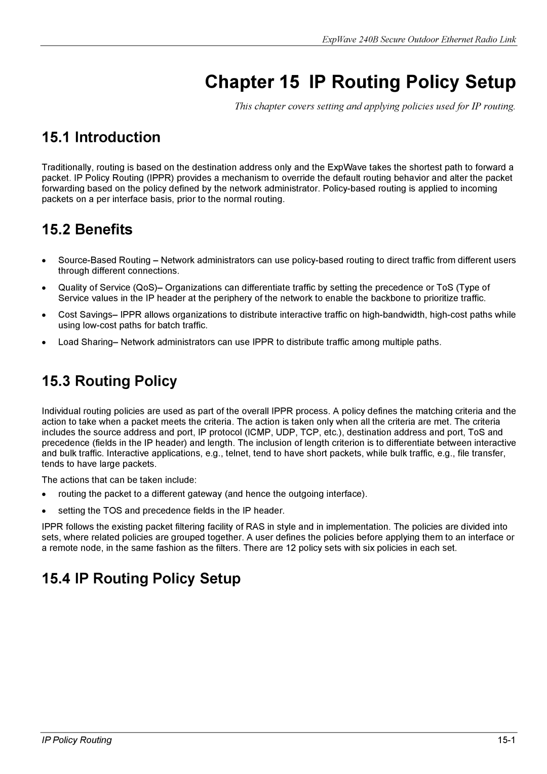 ZyXEL Communications 240B manual IP Routing Policy Setup, Benefits, IP Policy Routing 15-1 