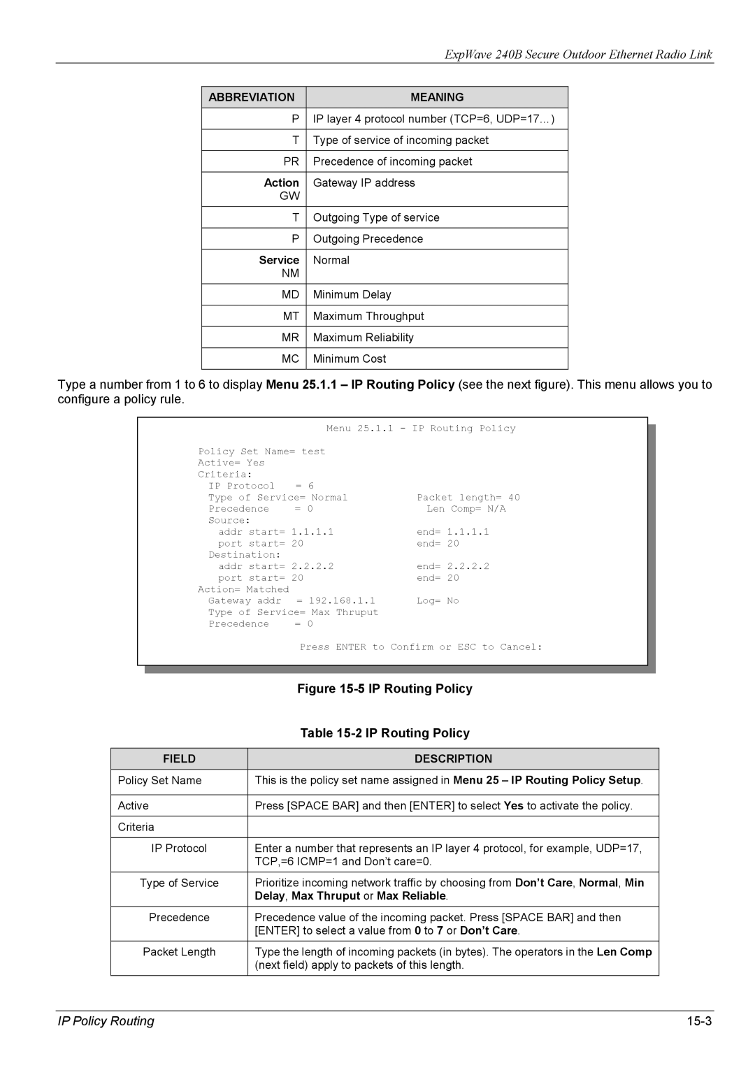 ZyXEL Communications 240B manual IP Policy Routing 15-3, Service, Delay , Max Thruput or Max Reliable 