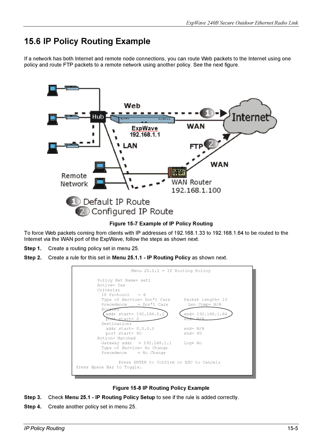 ZyXEL Communications 240B manual IP Policy Routing Example, IP Policy Routing 15-5 