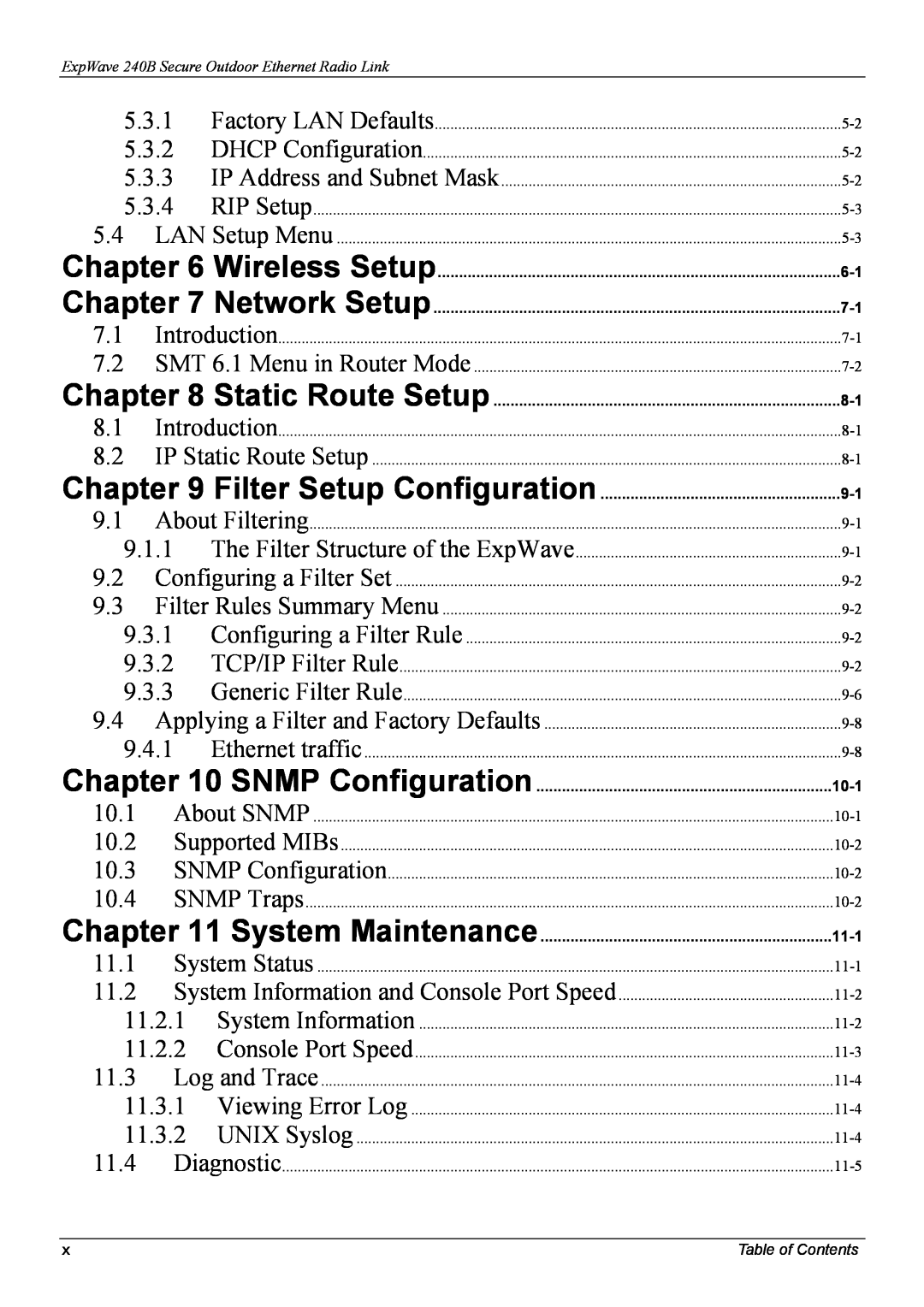 ZyXEL Communications 240B Table of Contents, Wireless Setup, Network Setup, Static Route Setup, Filter Setup Configuration 