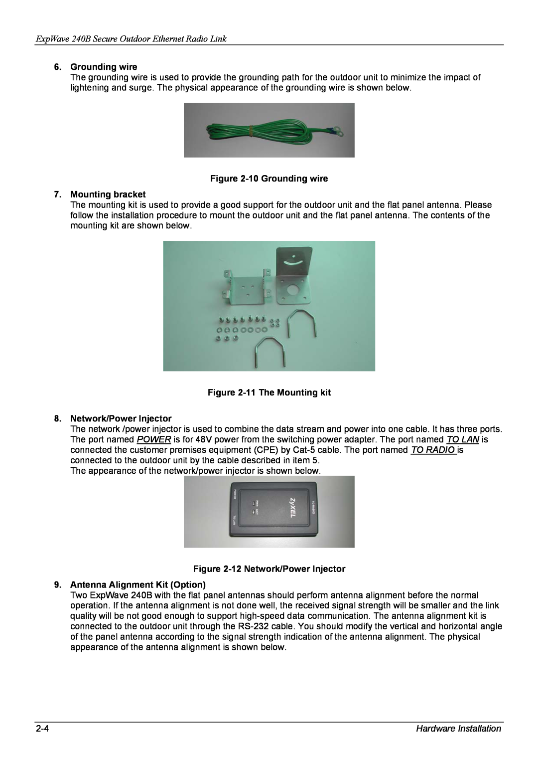 ZyXEL Communications manual ExpWave 240B Secure Outdoor Ethernet Radio Link, Grounding wire, Hardware Installation 