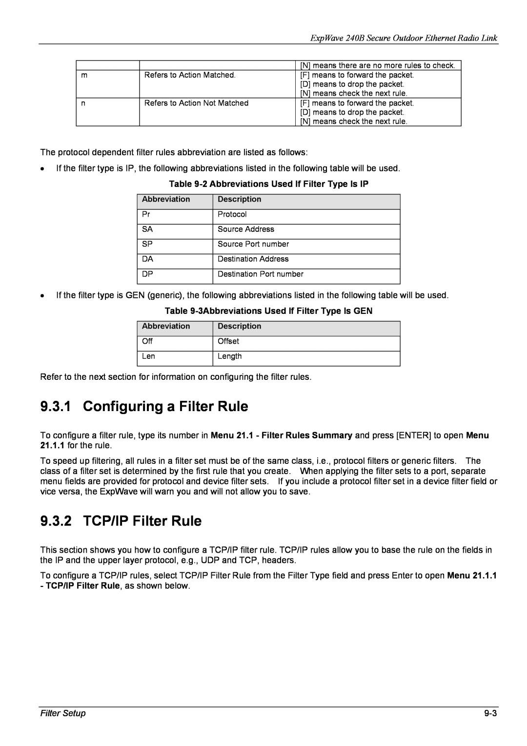 ZyXEL Communications 240B Configuring a Filter Rule, 9.3.2 TCP/IP Filter Rule, 2 Abbreviations Used If Filter Type Is IP 