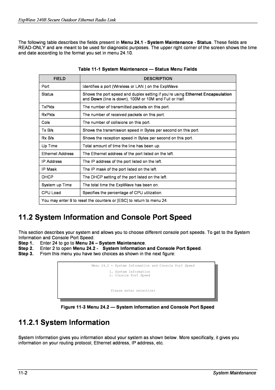 ZyXEL Communications manual System Information and Console Port Speed, ExpWave 240B Secure Outdoor Ethernet Radio Link 