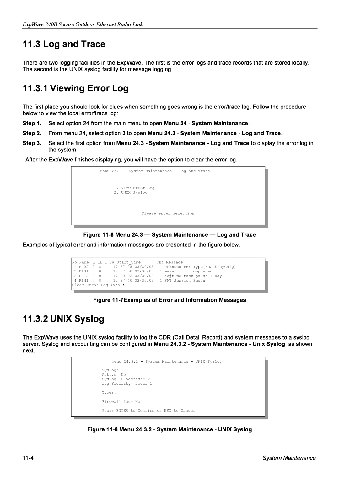 ZyXEL Communications Log and Trace, Viewing Error Log, UNIX Syslog, ExpWave 240B Secure Outdoor Ethernet Radio Link 