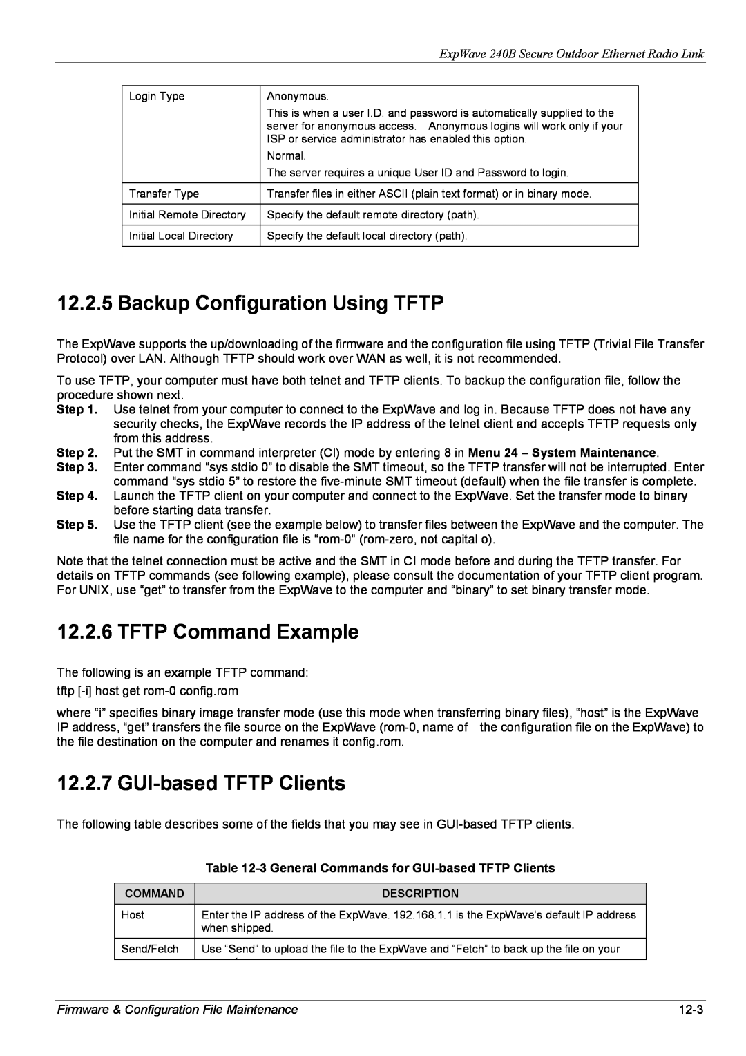 ZyXEL Communications 240B manual Backup Configuration Using TFTP, TFTP Command Example, GUI-based TFTP Clients, 12-3 