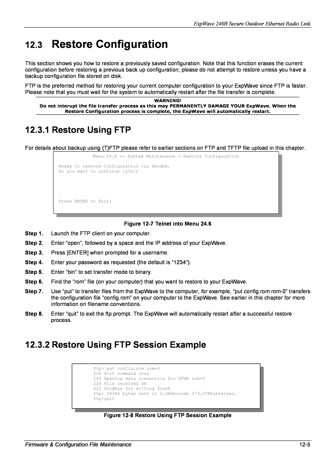 ZyXEL Communications 240B manual Restore Configuration, Restore Using FTP Session Example, 7 Telnet into Menu, 12-5 