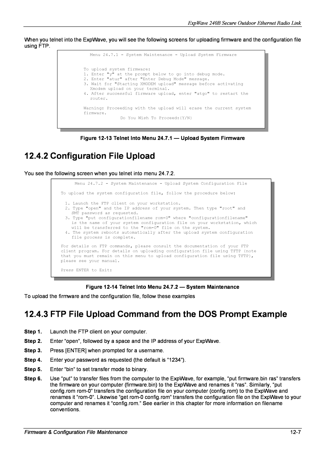 ZyXEL Communications 240B manual Configuration File Upload, FTP File Upload Command from the DOS Prompt Example, 12-7 