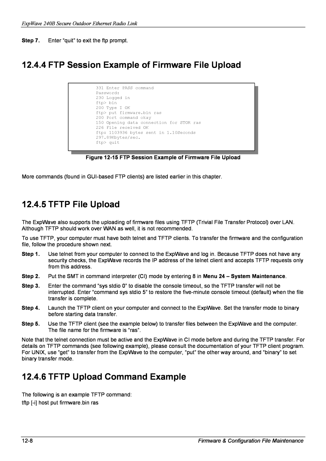 ZyXEL Communications 240B manual FTP Session Example of Firmware File Upload, TFTP File Upload, TFTP Upload Command Example 