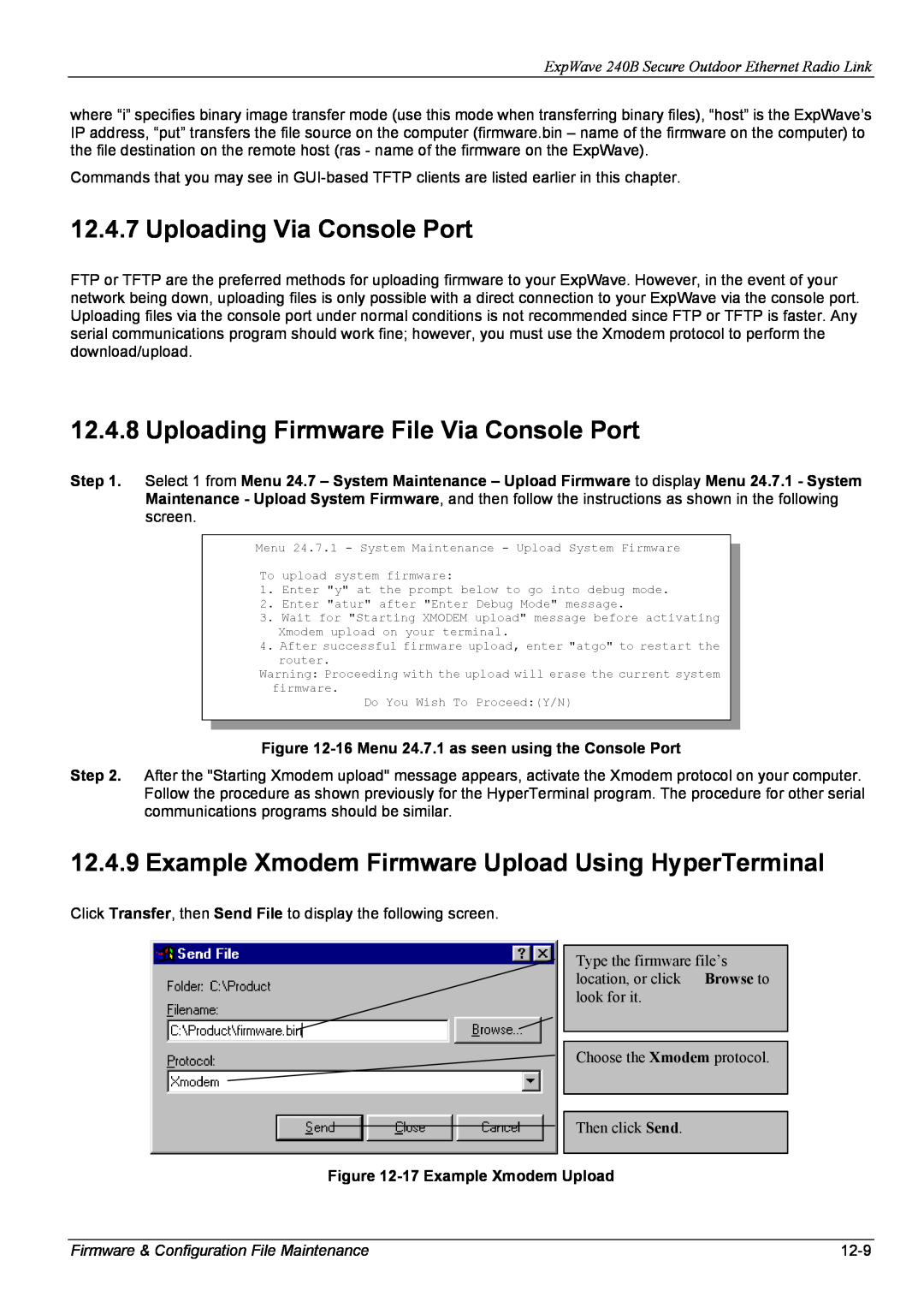 ZyXEL Communications 240B Uploading Via Console Port, Uploading Firmware File Via Console Port, 17 Example Xmodem Upload 