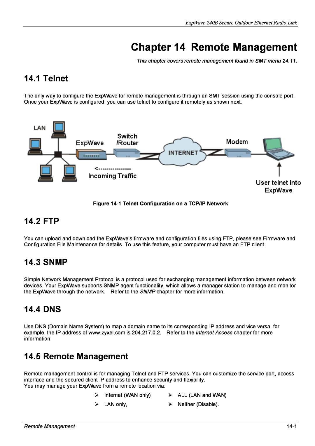 ZyXEL Communications 240B Remote Management, 14.2 FTP, Snmp, 14.4 DNS, 1 Telnet Configuration on a TCP/IP Network 
