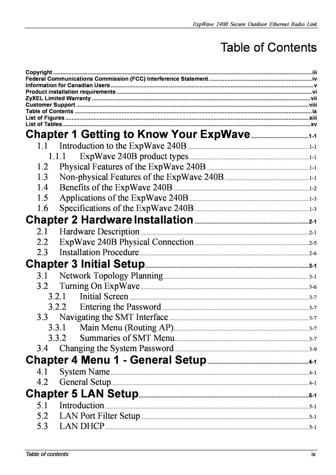 ZyXEL Communications 240B manual Table of Contents, Getting to Know Your ExpWave 