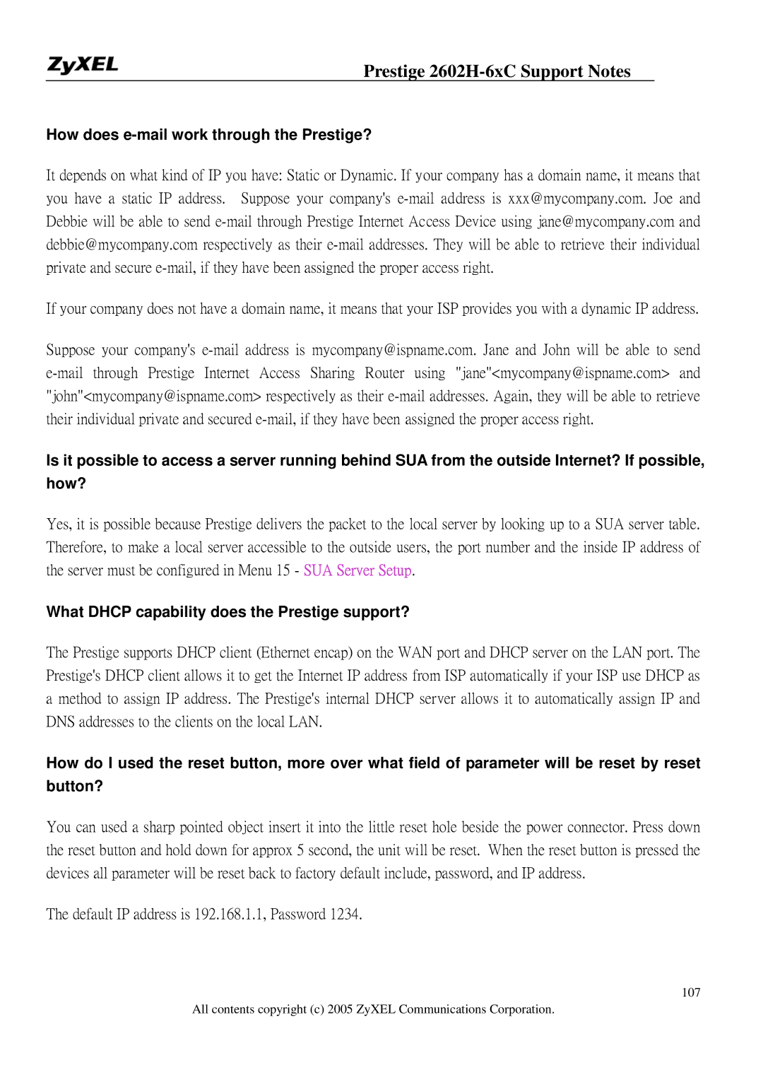 ZyXEL Communications 2602H-6XC How does e-mail work through the Prestige?, What Dhcp capability does the Prestige support? 