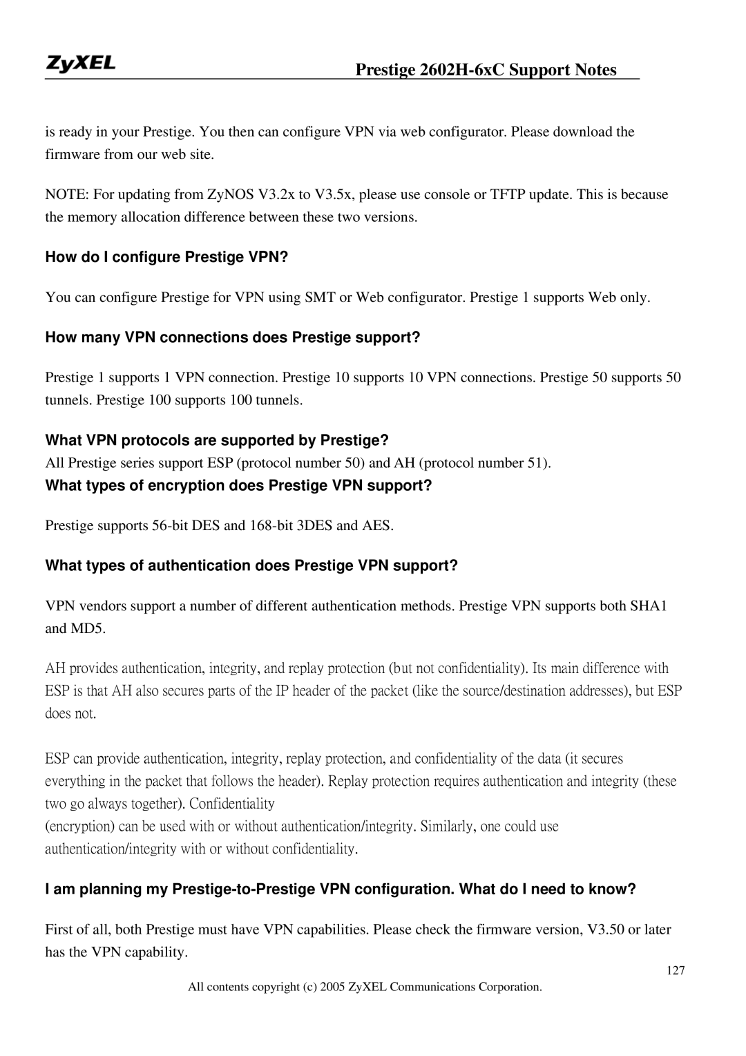 ZyXEL Communications 2602H-6XC manual How do I configure Prestige VPN?, How many VPN connections does Prestige support? 