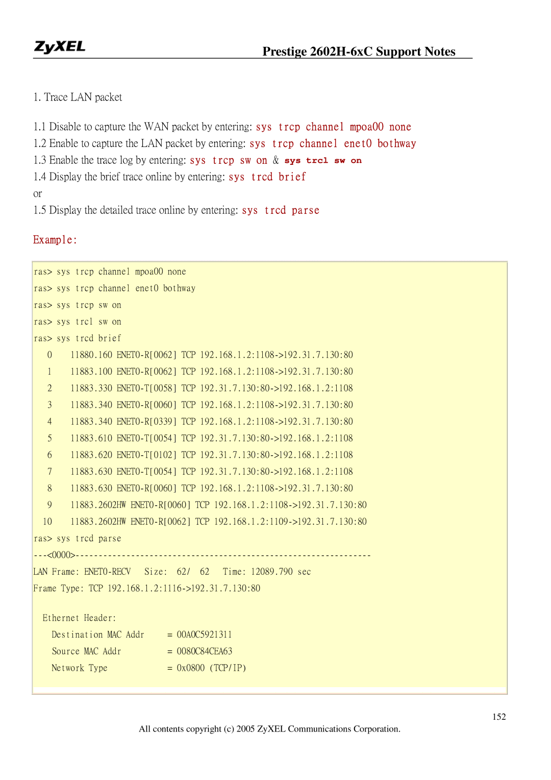 ZyXEL Communications 2602H-6XC manual Source MAC Addr 0080C84CEA63 Network Type 0x0800 TCP/IP 