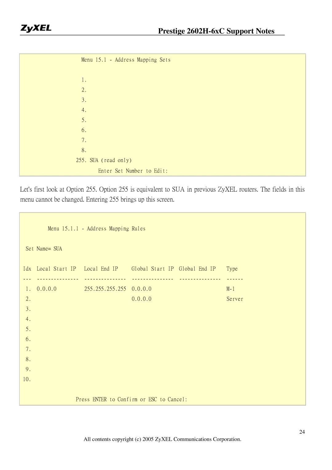 ZyXEL Communications 2602H-6XC manual Menu 15.1.1 Address Mapping Rules Set Name= SUA 