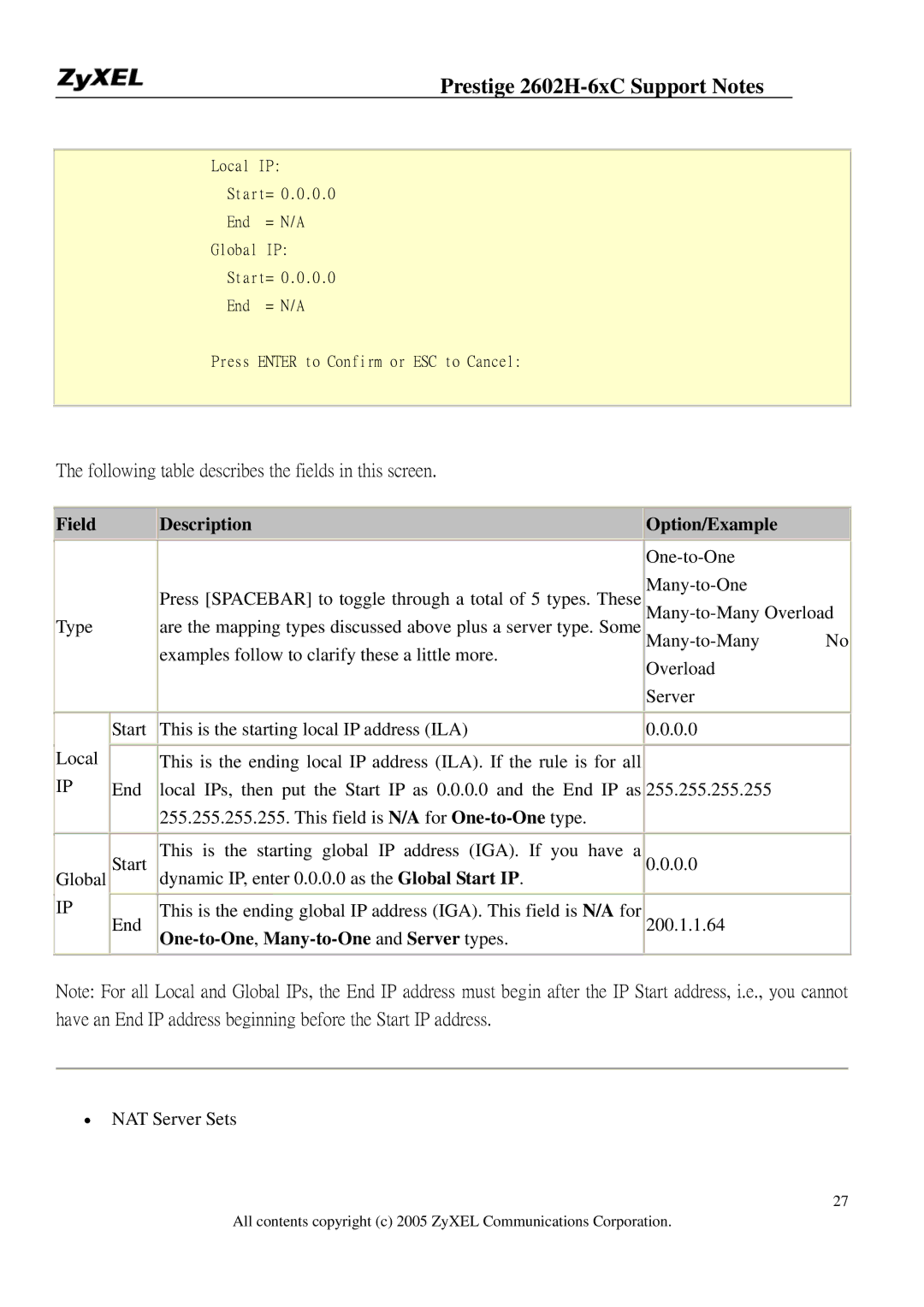 ZyXEL Communications 2602H-6XC manual Following table describes the fields in this screen 