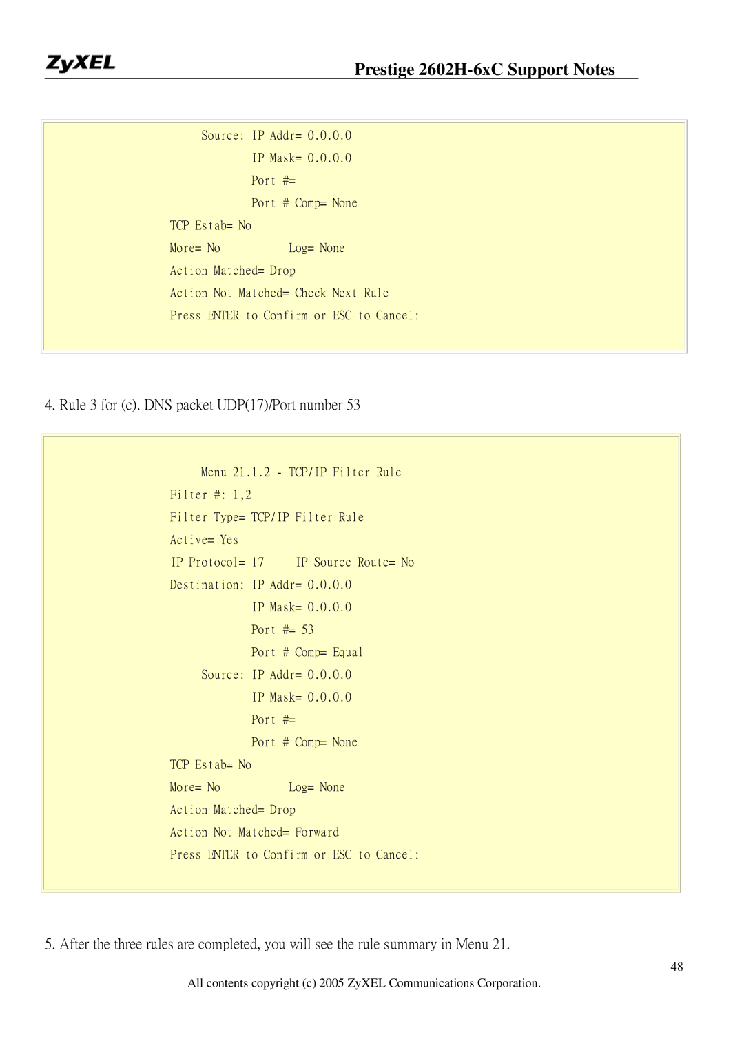 ZyXEL Communications 2602H-6XC manual Rule 3 for c. DNS packet UDP17/Port number 