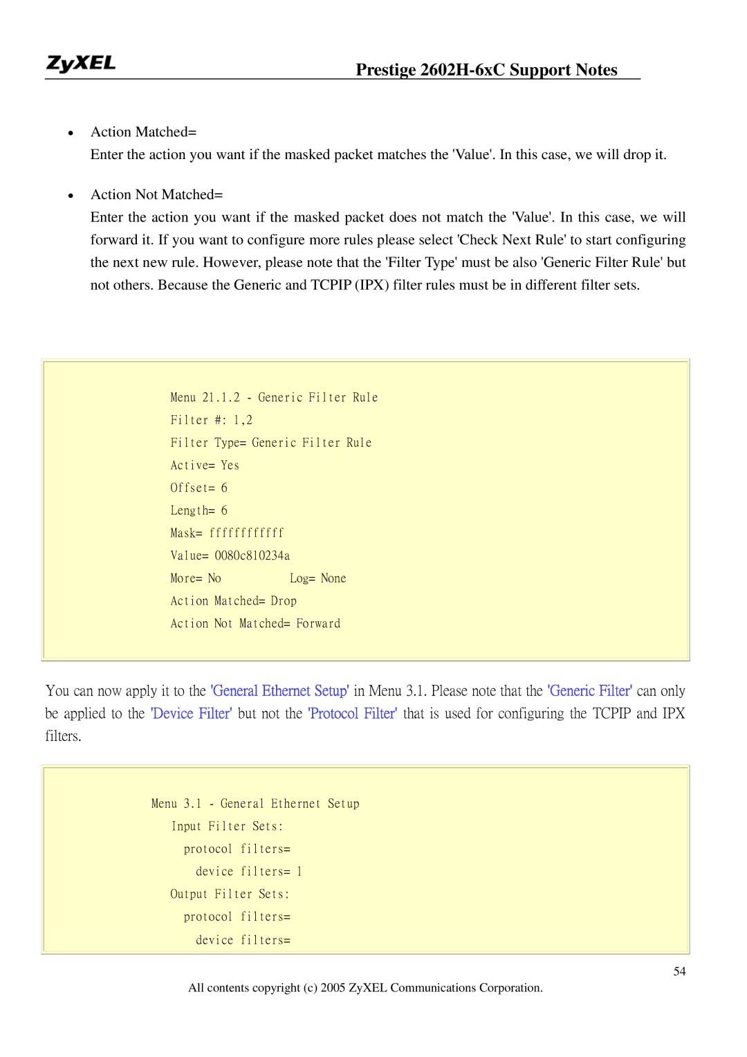 ZyXEL Communications 2602H-6XC manual Menu 3.1 General Ethernet Setup Input Filter Sets 