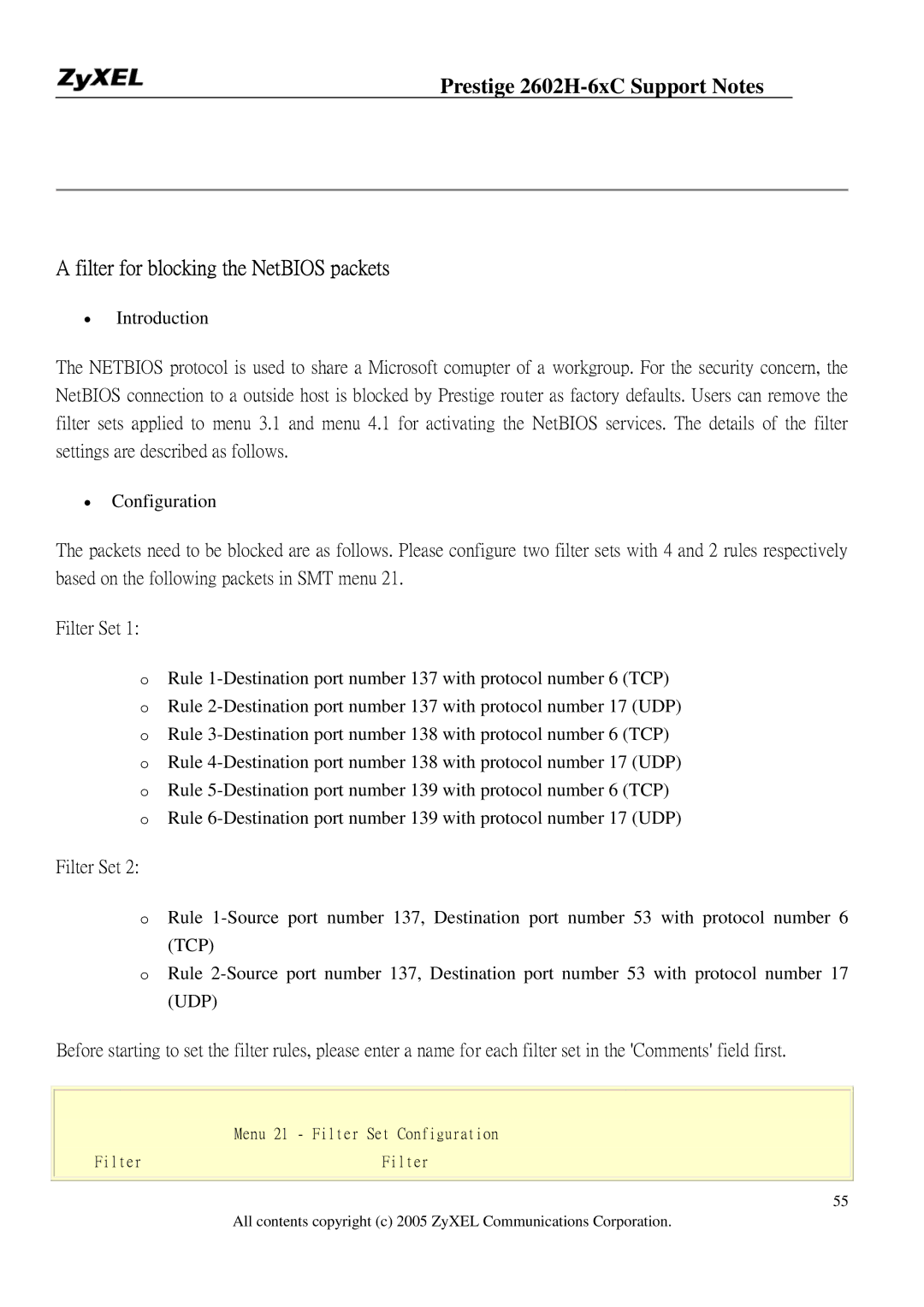 ZyXEL Communications 2602H-6XC manual Filter for blocking the NetBIOS packets 