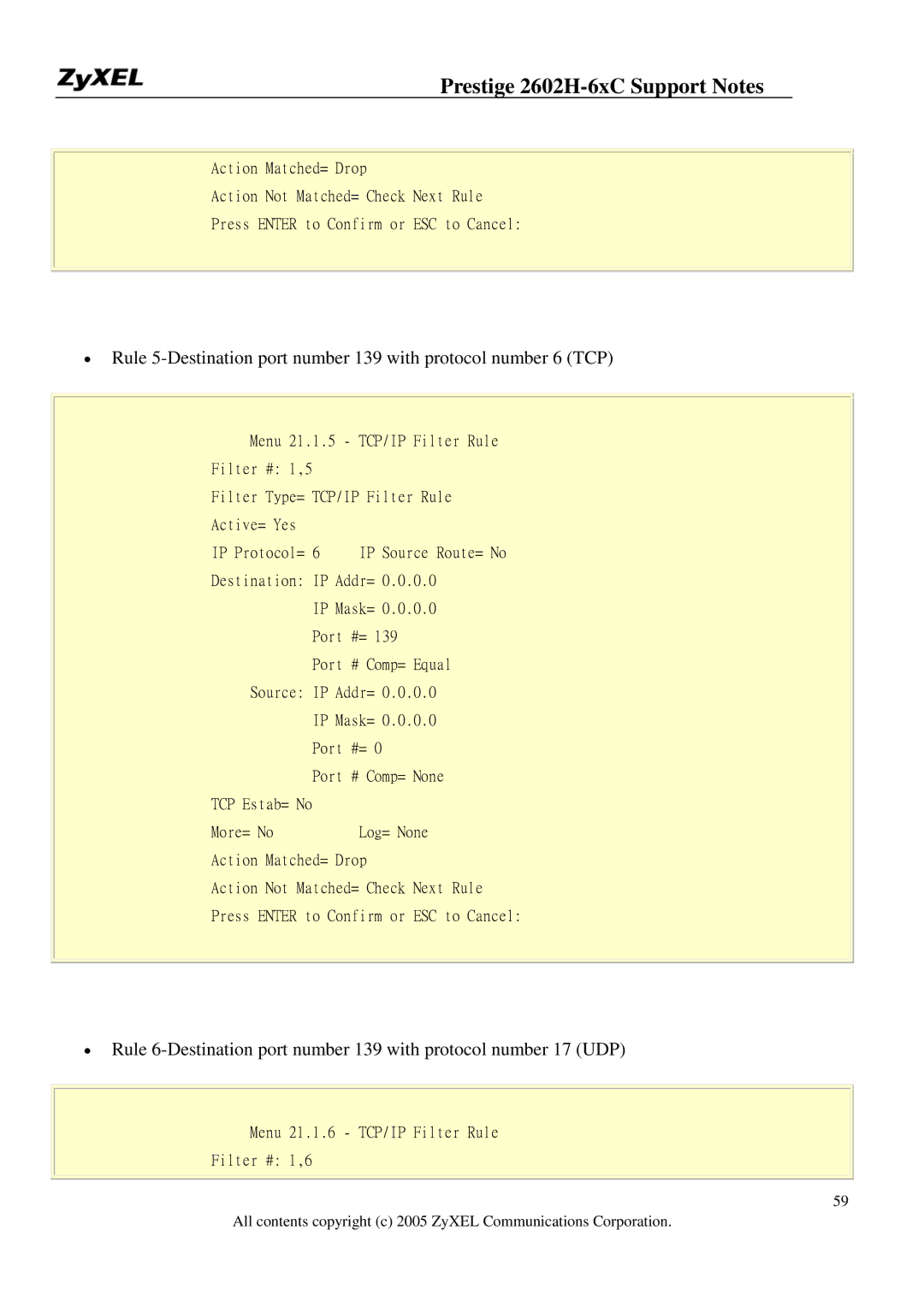 ZyXEL Communications 2602H-6XC manual Menu 21.1.6 TCP/IP Filter Rule Filter # 1,6 