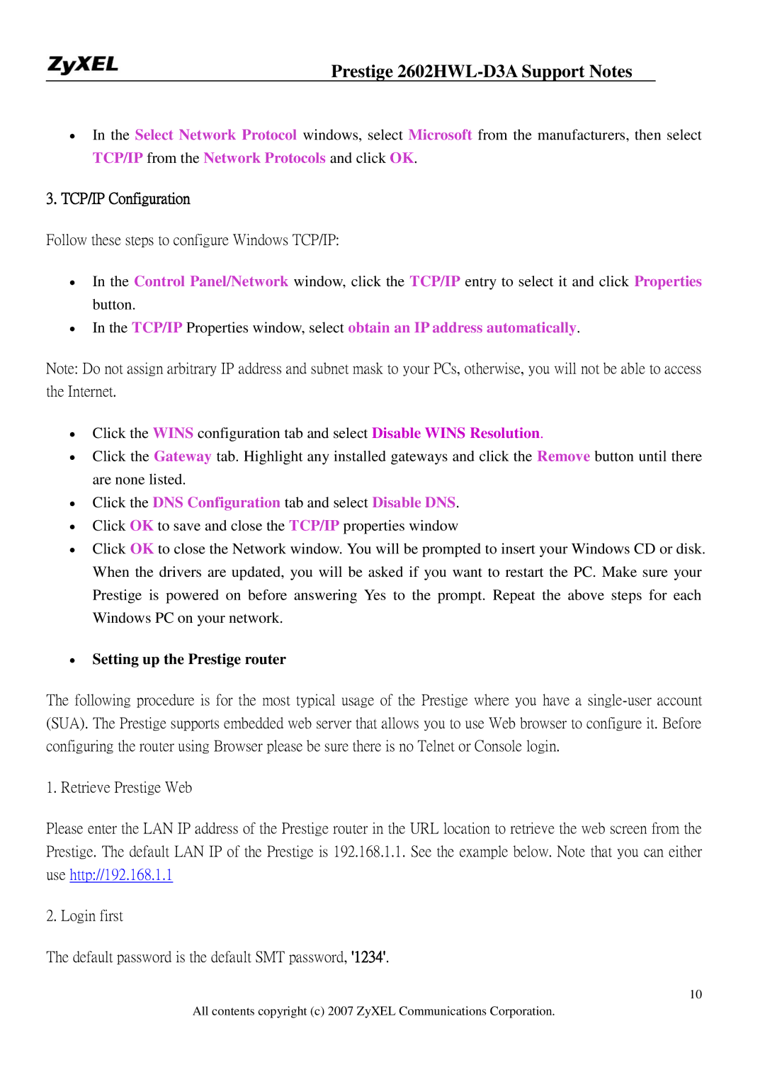 ZyXEL Communications 2602HWL-D3A manual TCP/IP Configuration, Follow these steps to configure Windows TCP/IP 