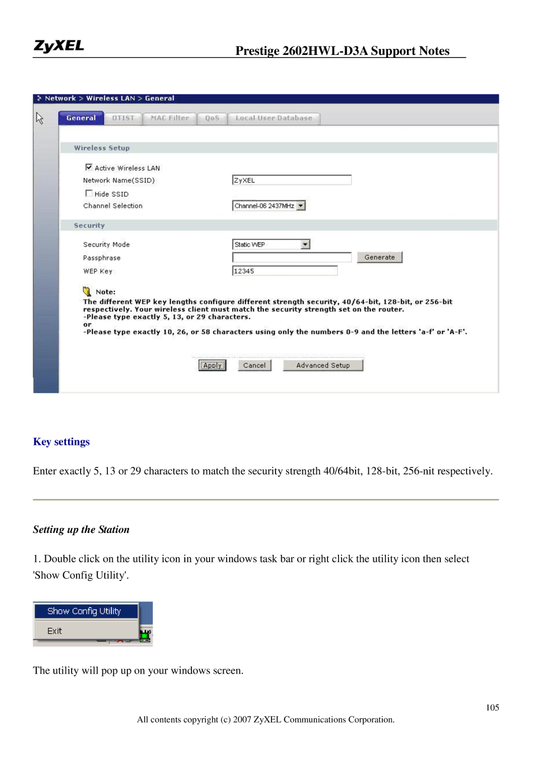 ZyXEL Communications 2602HWL-D3A manual Setting up the Station 