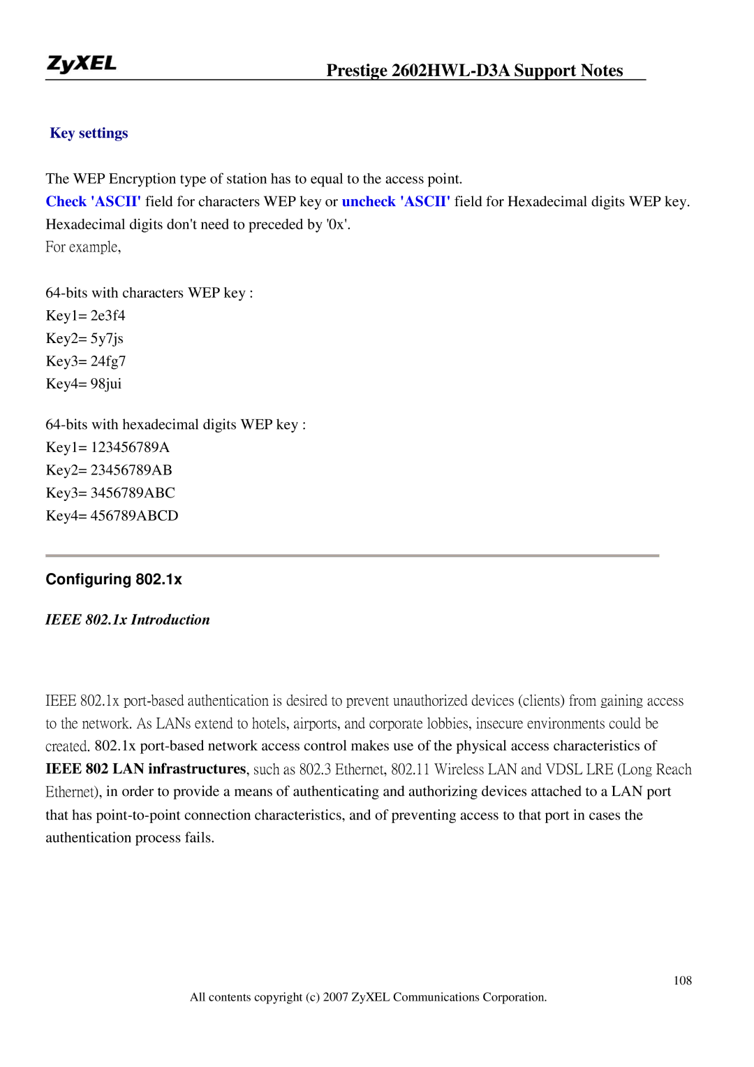 ZyXEL Communications 2602HWL-D3A manual Configuring, Ieee 802.1x Introduction 