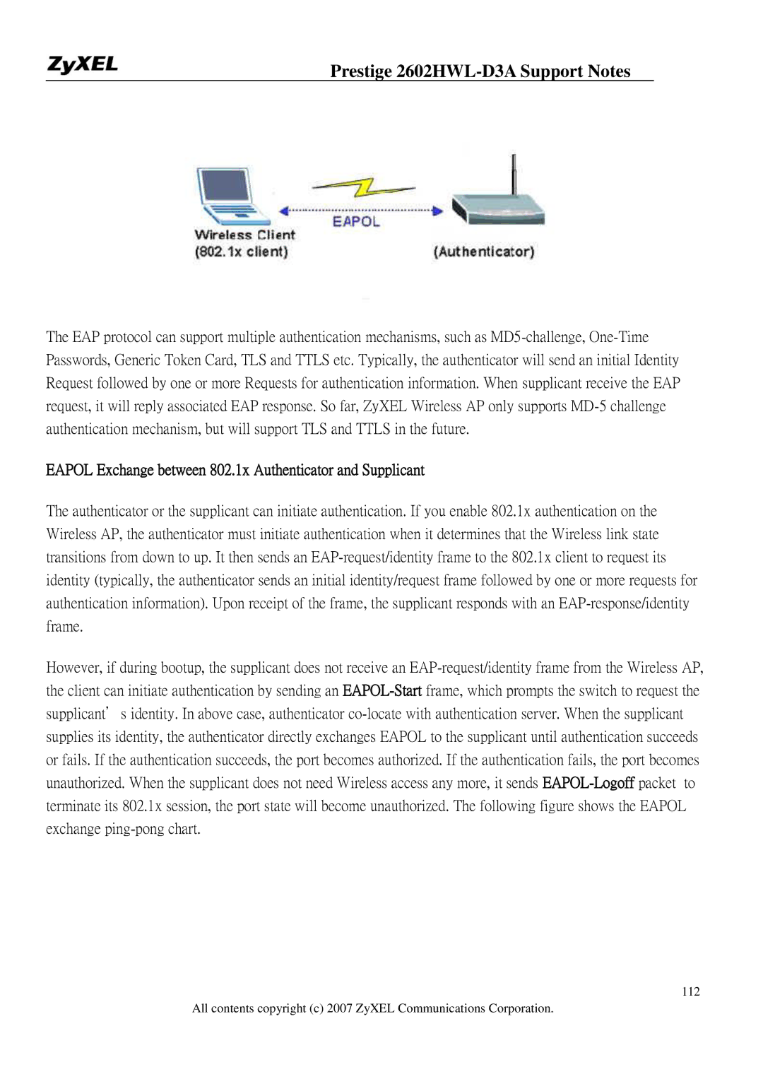 ZyXEL Communications 2602HWL-D3A manual Eapol Exchange between 802.1x Authenticator and Supplicant 