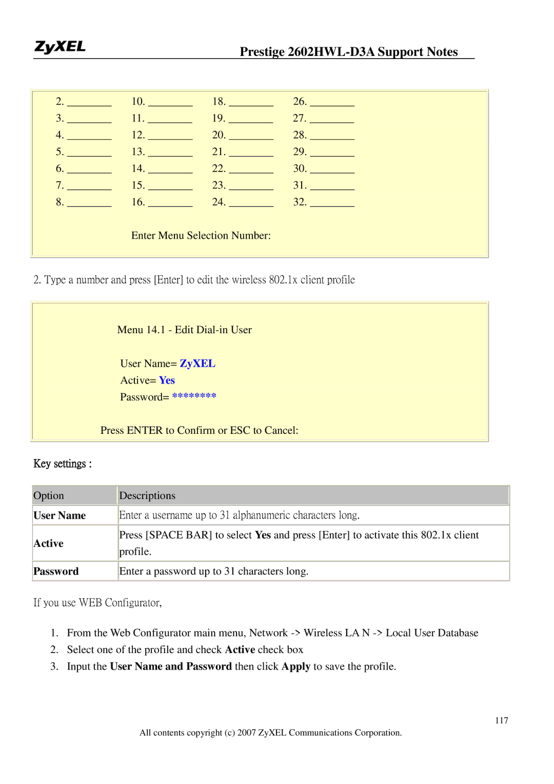 ZyXEL Communications 2602HWL-D3A Key settings, User Name, Enter a username up to 31 alphanumeric characters long, Password 