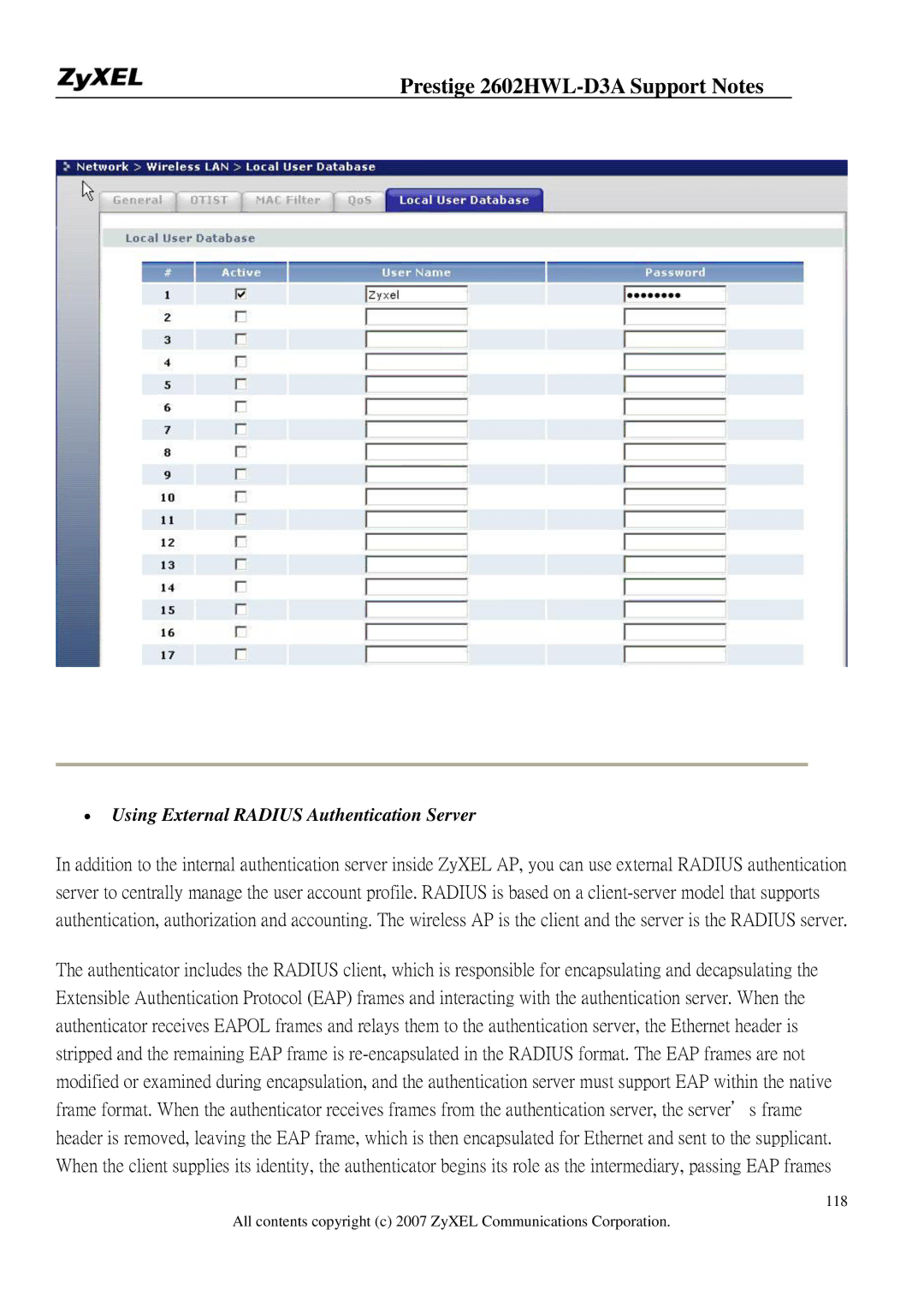 ZyXEL Communications 2602HWL-D3A manual ∙ Using External Radius Authentication Server 