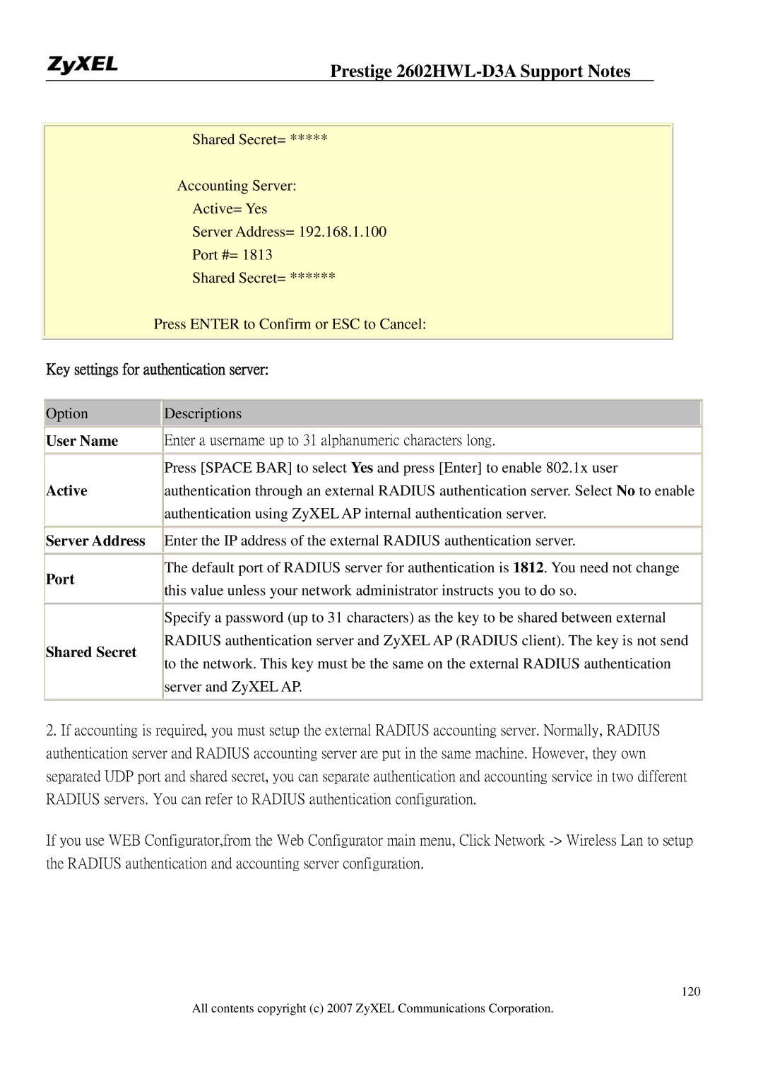 ZyXEL Communications 2602HWL-D3A manual Key settings for authentication server, Server Address Port Shared Secret 