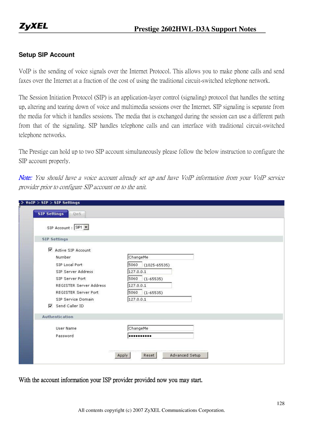 ZyXEL Communications 2602HWL-D3A manual Setup SIP Account 