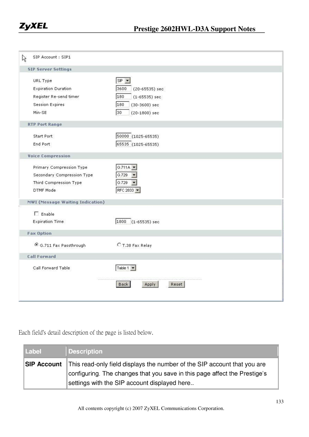 ZyXEL Communications 2602HWL-D3A manual Each fields detail description of the page is listed below, SIP Account 