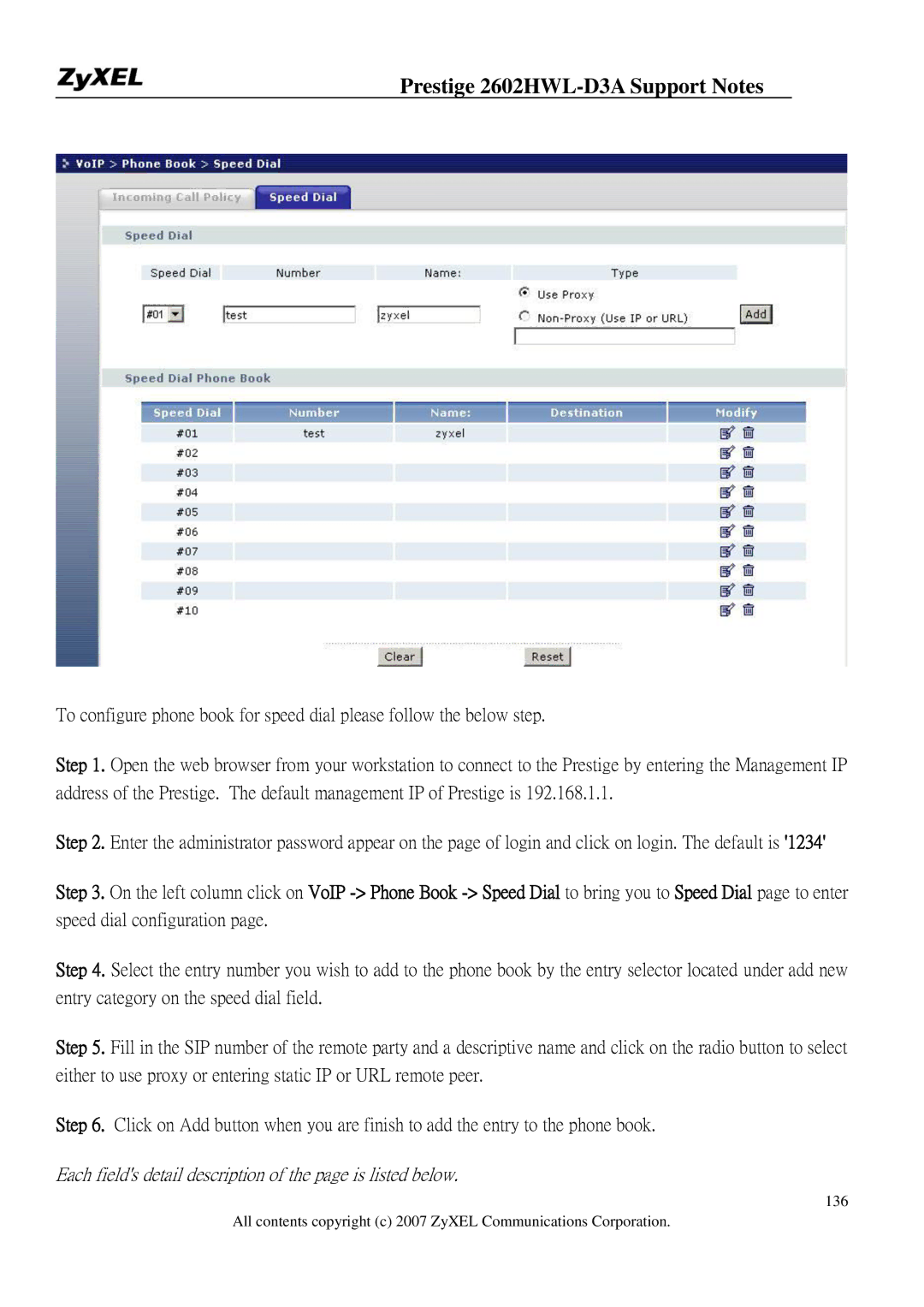 ZyXEL Communications 2602HWL-D3A manual Each fields detail description of the page is listed below 