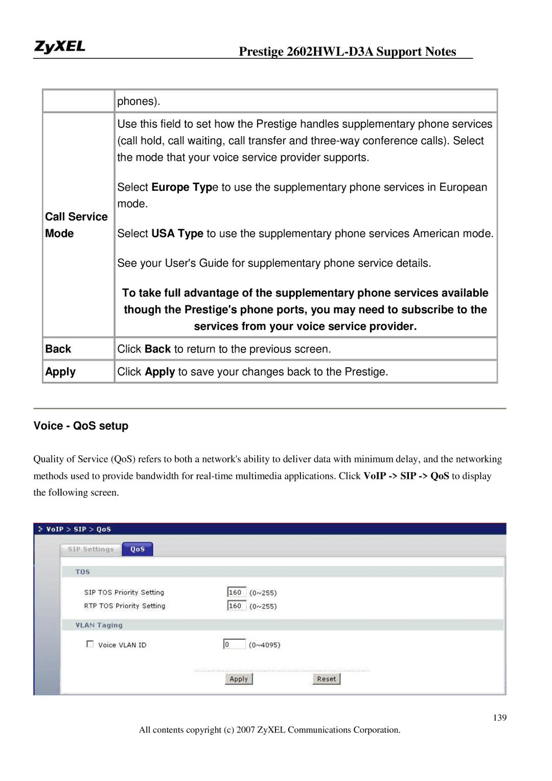 ZyXEL Communications 2602HWL-D3A manual Call Service Mode, Services from your voice service provider, Voice QoS setup 