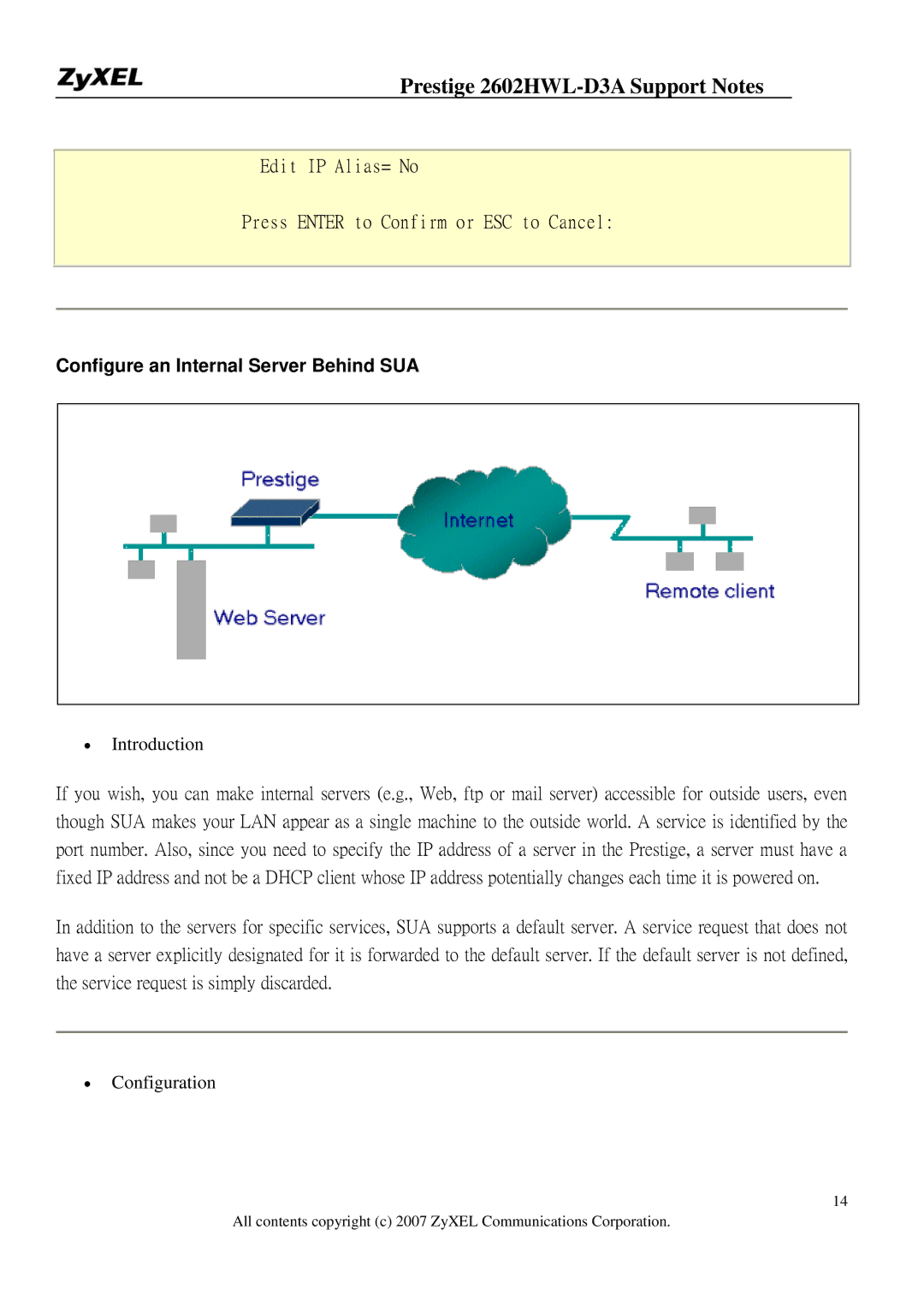 ZyXEL Communications 2602HWL-D3A manual Edit IP Alias= No Press Enter to Confirm or ESC to Cancel 