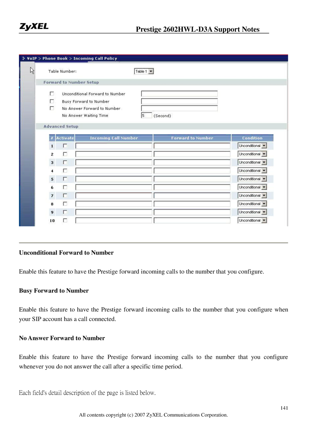 ZyXEL Communications 2602HWL-D3A Unconditional Forward to Number, Busy Forward to Number, No Answer Forward to Number 