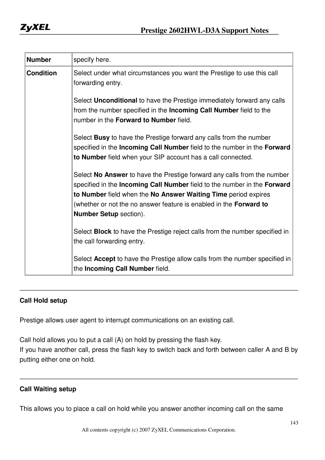 ZyXEL Communications 2602HWL-D3A manual Condition, Number Setup section, Incoming Call Number field, Call Hold setup 