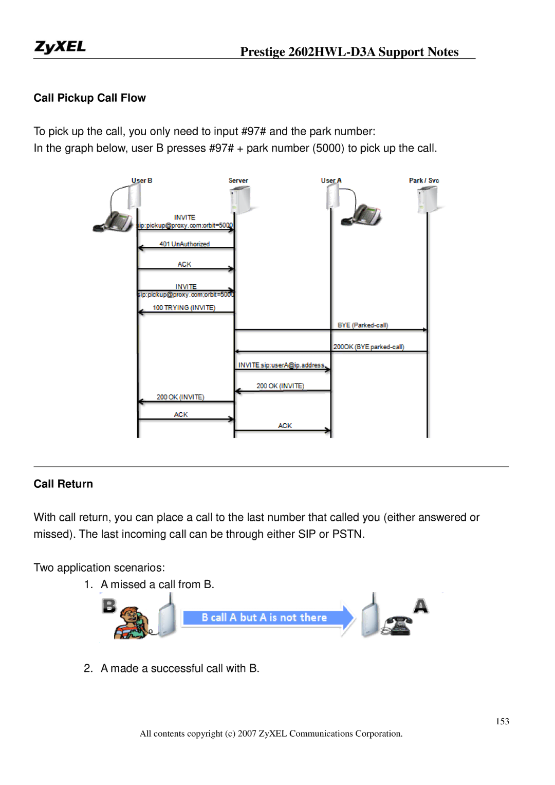 ZyXEL Communications 2602HWL-D3A manual Call Pickup Call Flow, Call Return 