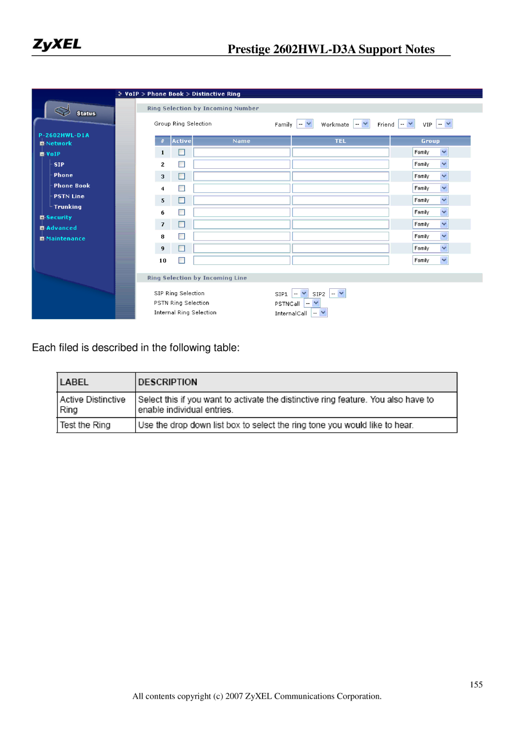 ZyXEL Communications 2602HWL-D3A manual Each filed is described in the following table 