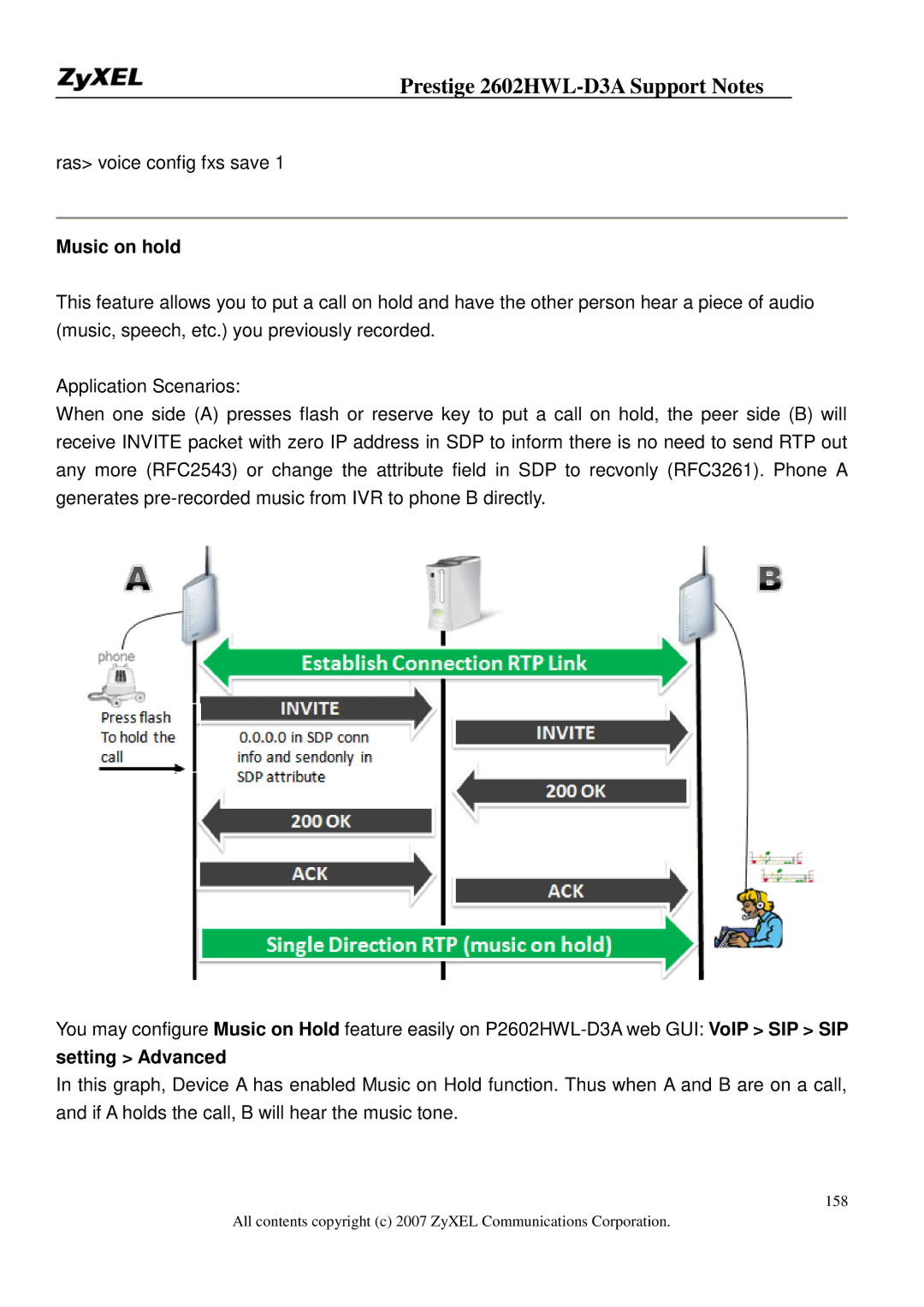 ZyXEL Communications 2602HWL-D3A manual Ras voice config fxs save, Music on hold, Setting Advanced 